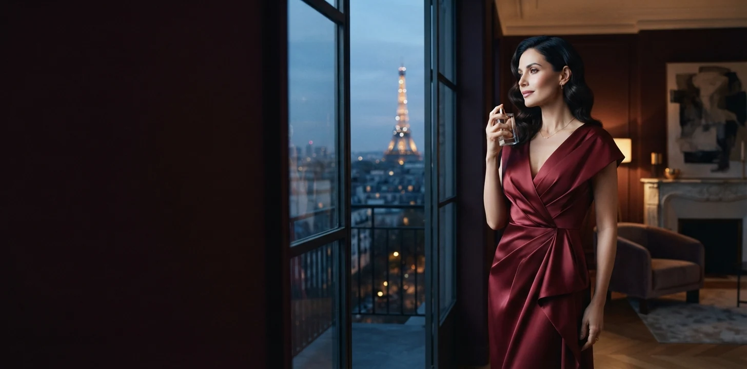 Woman in a burgundy evening dress holding perfume in Paris