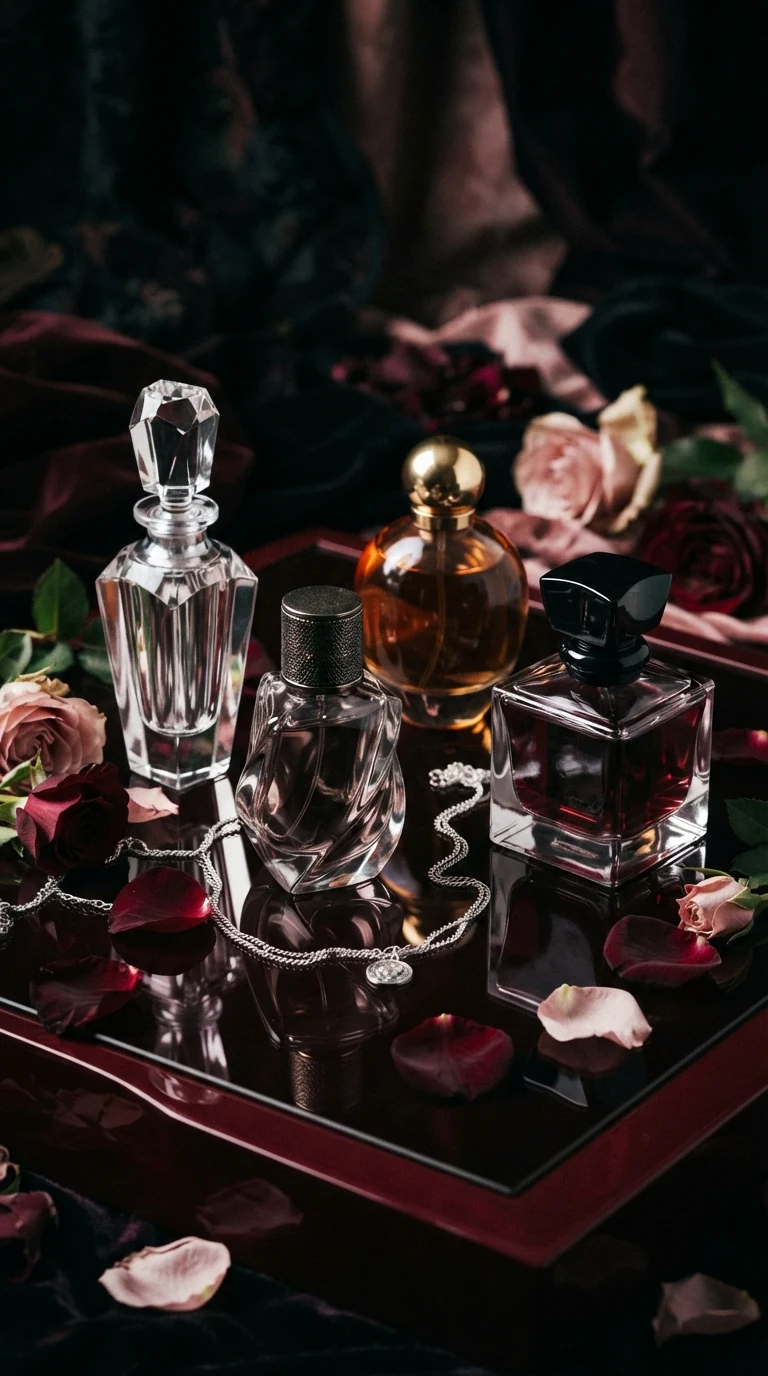 A collection of perfume bottles arranged for evening