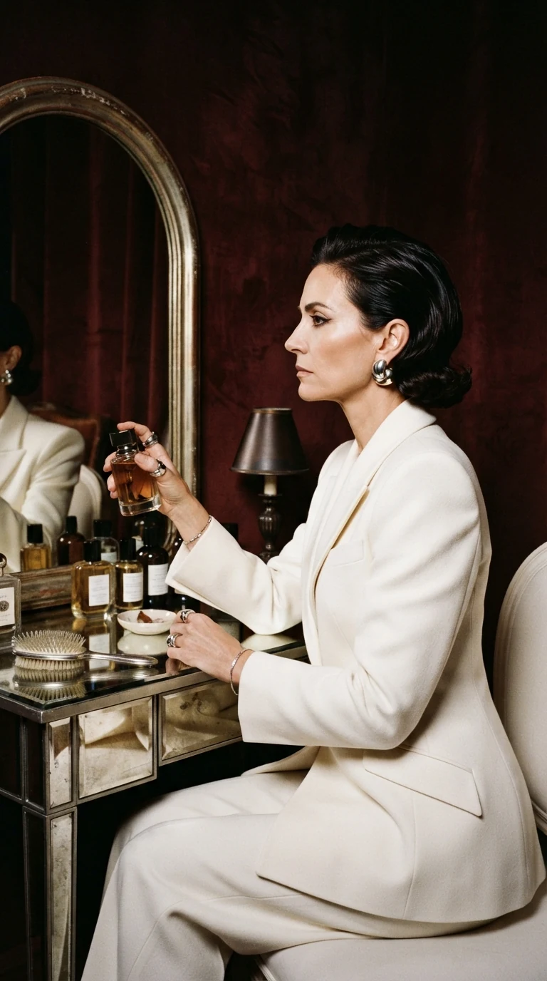 Woman choosing perfume at a dressing table